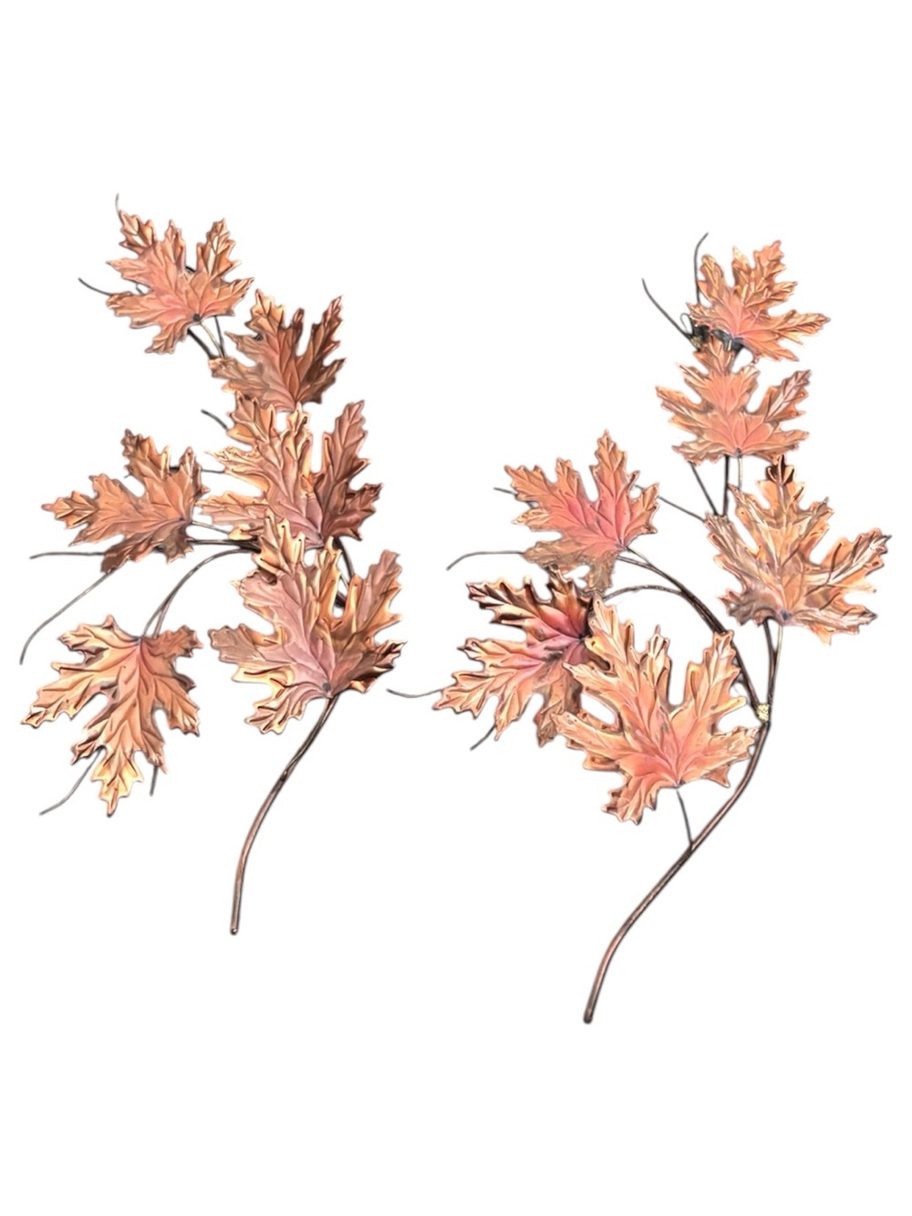 Vintage Pair Mid-Century Modern copper + brass maple leaf branch wall sculpture